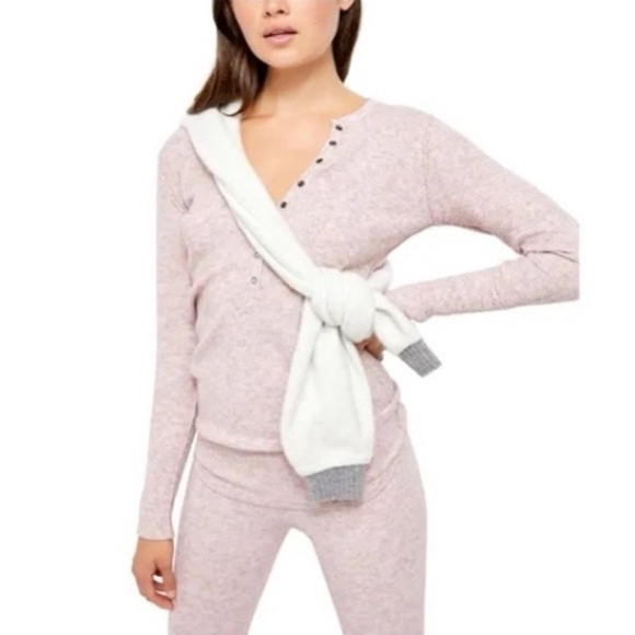 FREE PEOPLE Womens Beige Heather Long Sleeve V Neck Top - Picture 1 of 7
